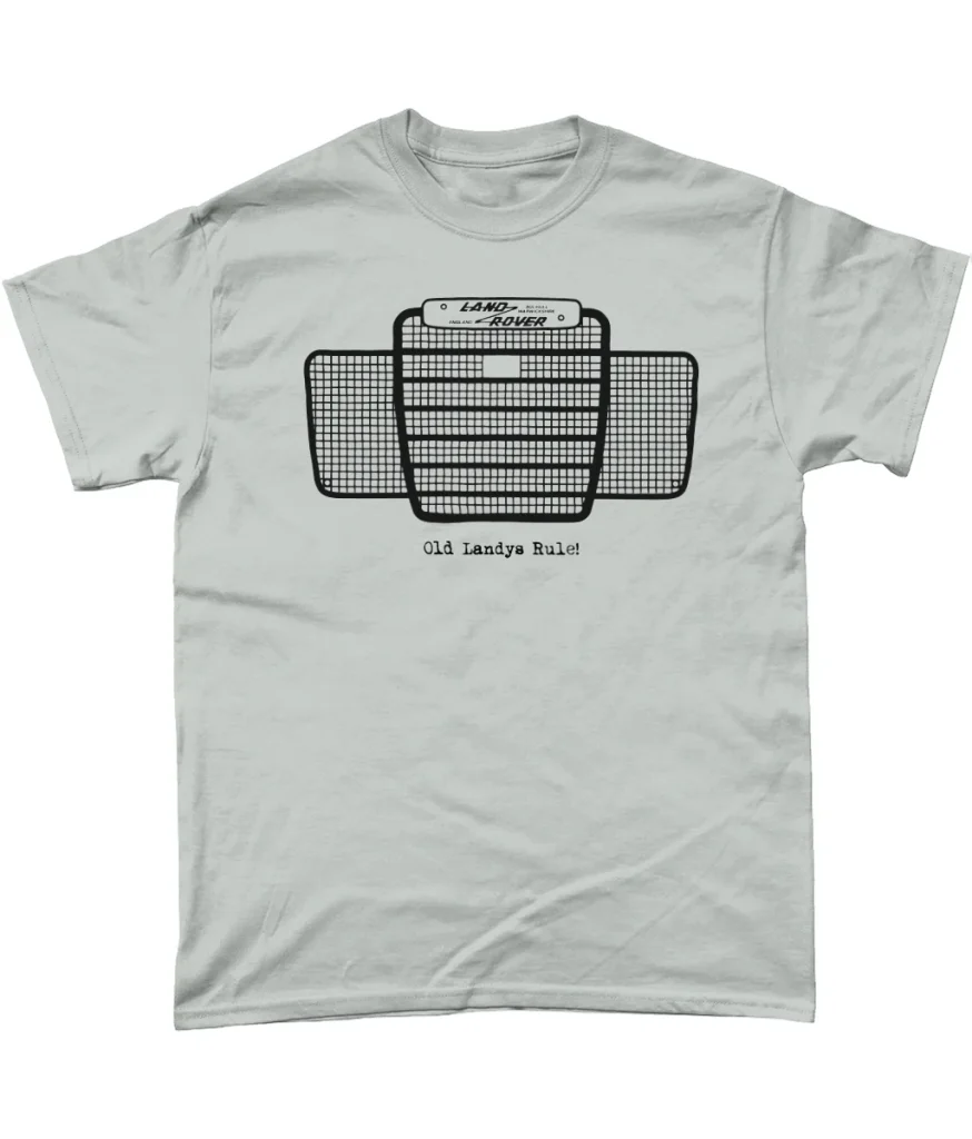 Mockup of the Old Landys Rule! Land Rover Series III grill tee-shirt in Ash, on a white background