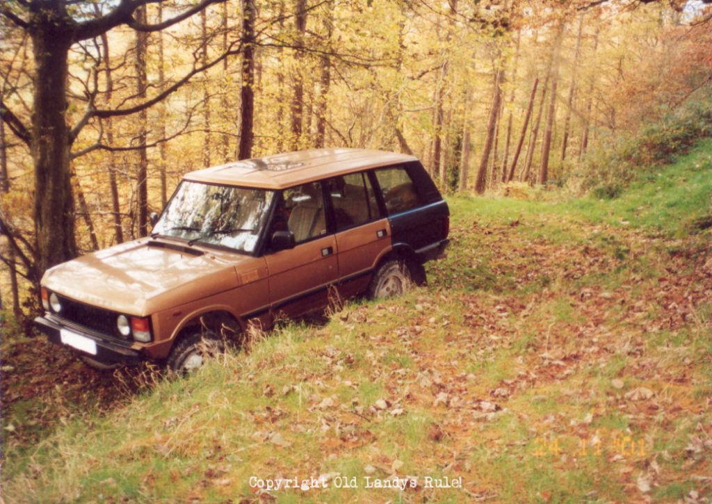 Gold Range Rover classic, with a blue rear quarter panel, surrounded by autumnal trees, on a green lane.